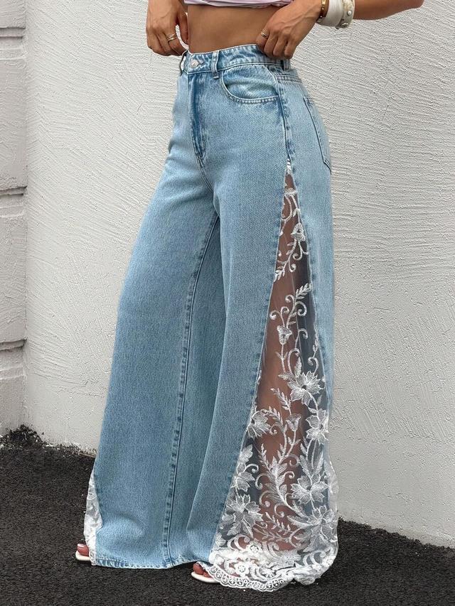 rivivi lace patchwork sheer casual loose denim wide leg pants