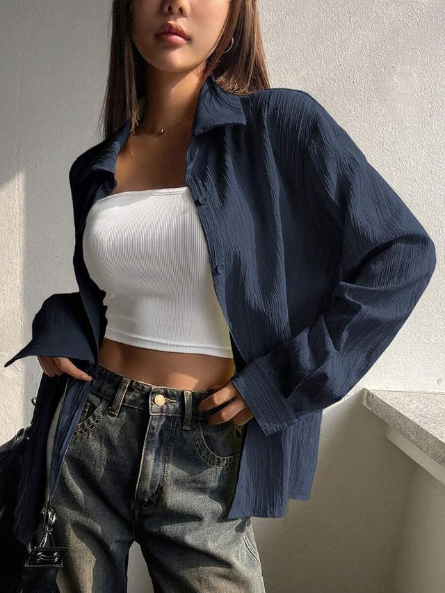 dazy navy blue crinkled long sleeve casual shirt