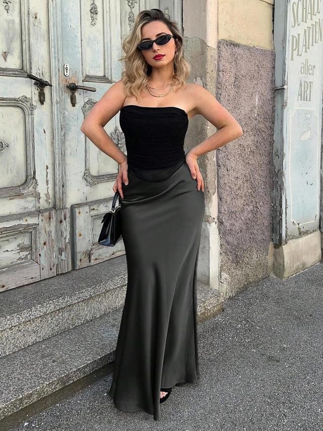jeta ari high waist solid elegant maxi satin skirt