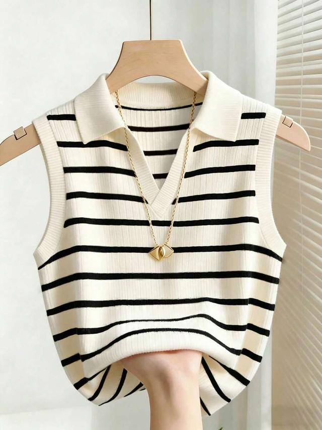 casual elegant knitted collared striped tank top