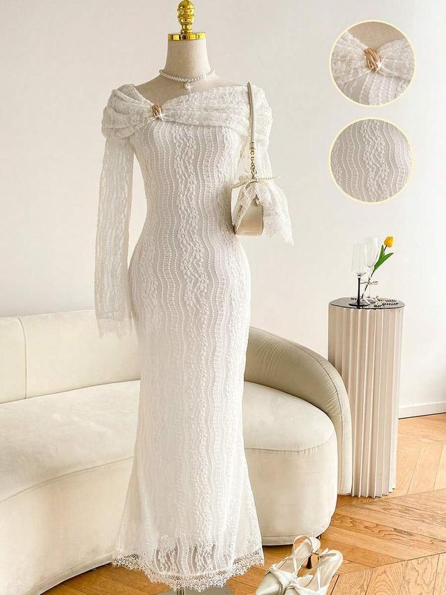 white lace off shoulder long sleeve fitted dress