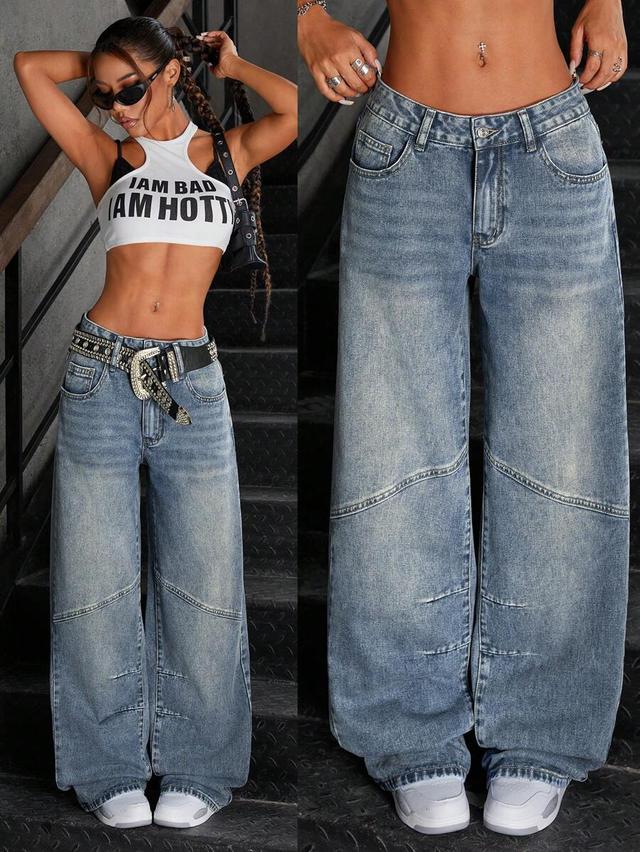 washed denim low rise loose straight leg jeans