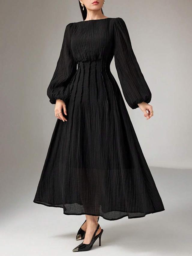 elegant solid black lantern sleeve waist cinched long dress