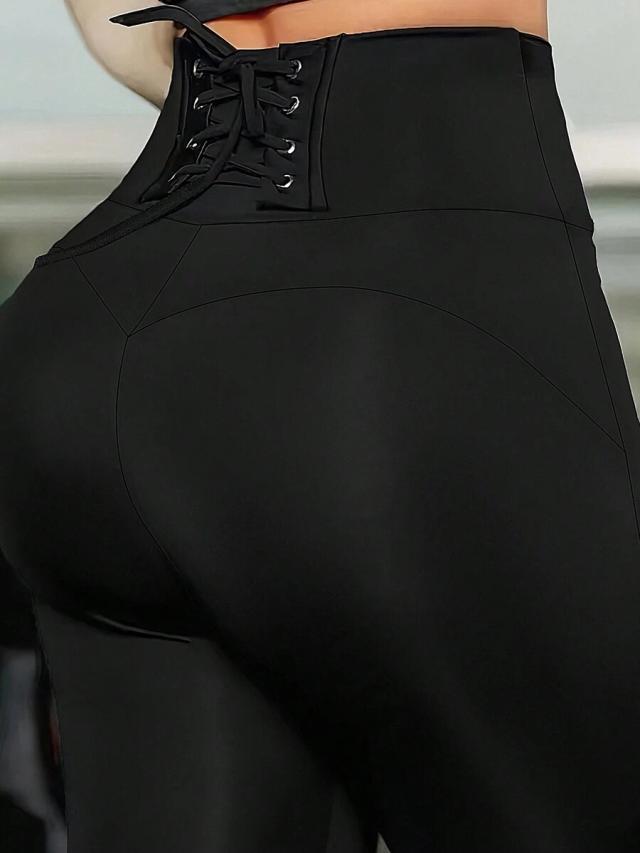solid black criss-cross waist binding slim fit pants