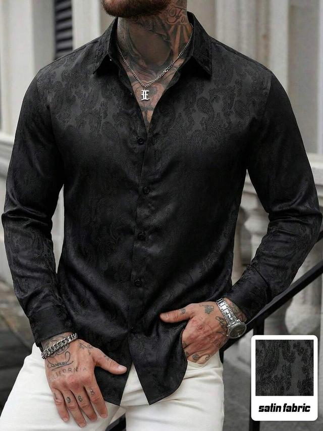 black jacquard satin long sleeve dress shirt