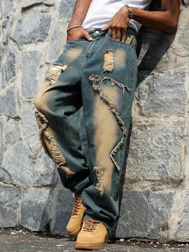dark blue distressed frayed loose fit denim jeans