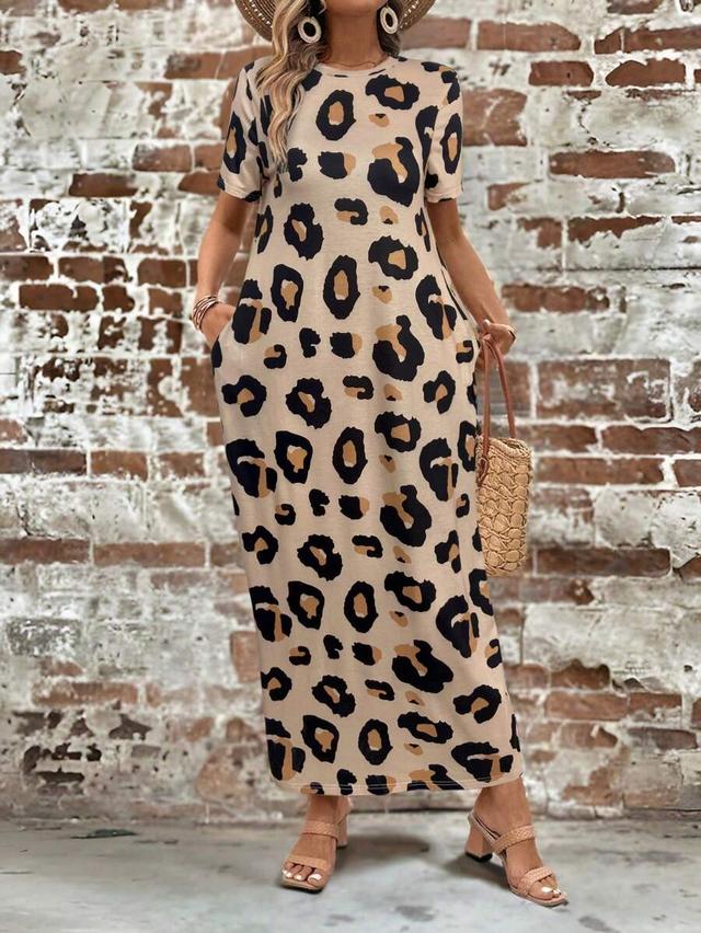 leopard print casual short sleeve maxi dress