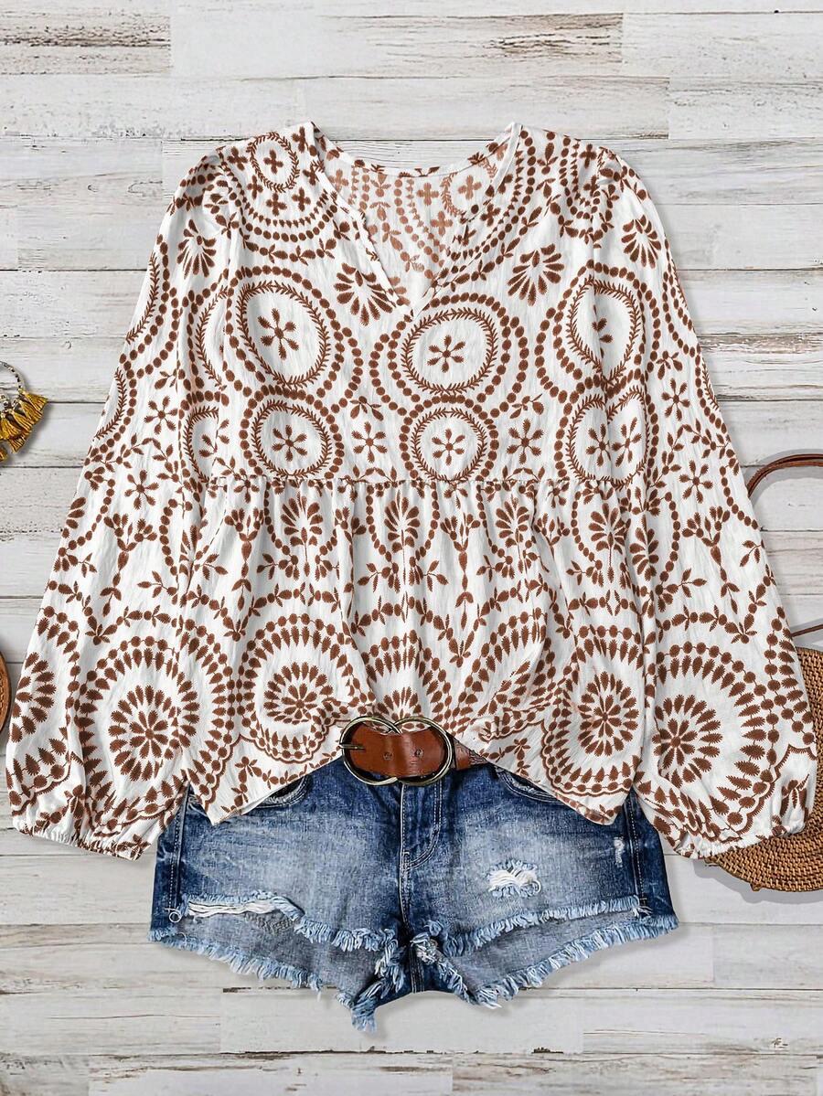 bamboo print patchwork long sleeve peasant blouse