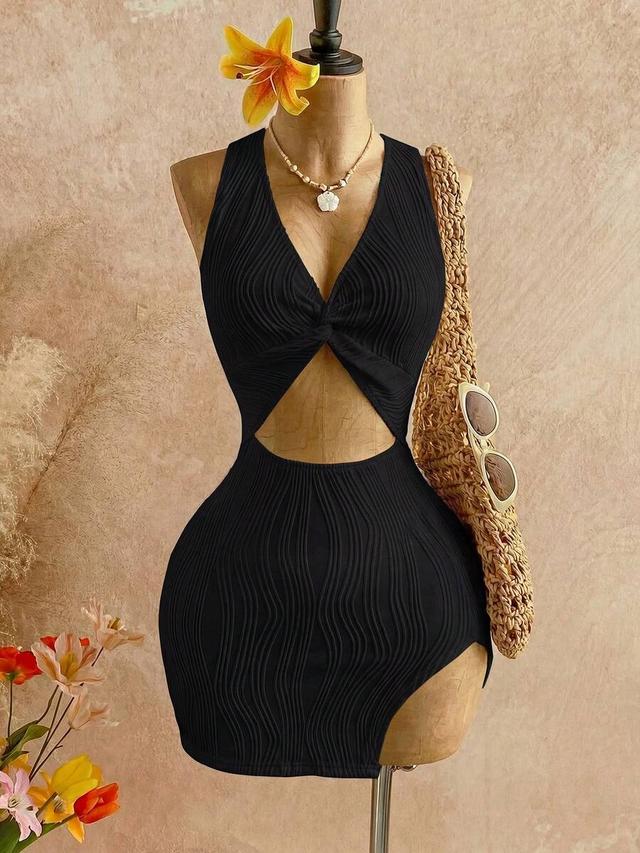 black textured knot cutout tight-fitting short dress