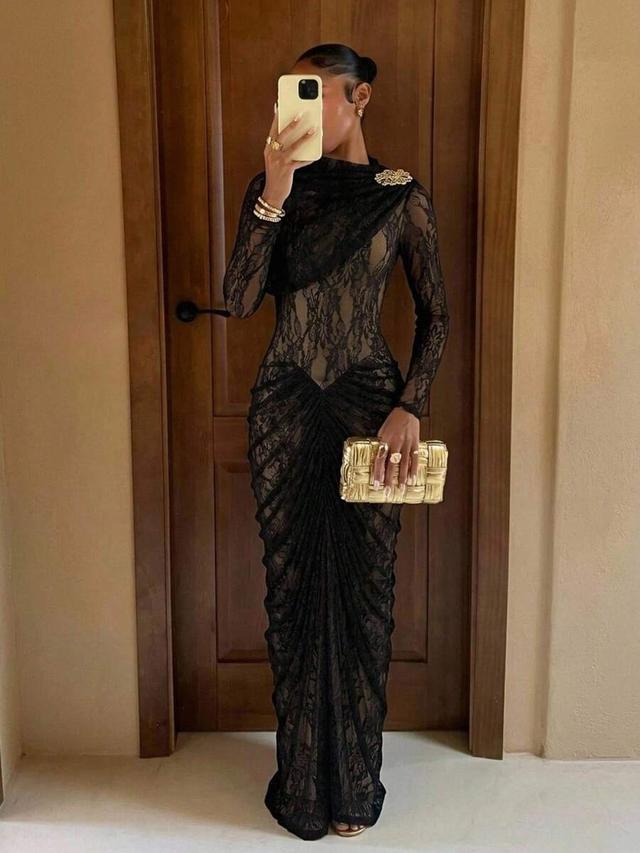 lumalex black lace long dress with draped bodice