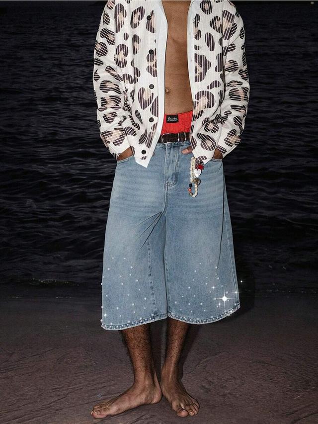 loose fit light wash denim shorts with beaded hem