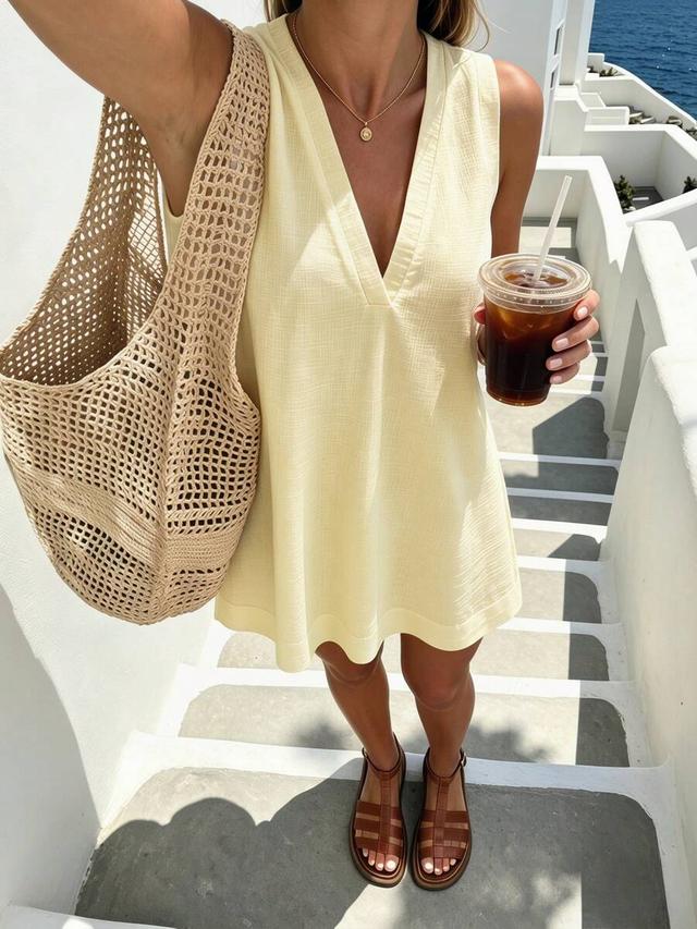 pale yellow textured cotton v-neck shift dress