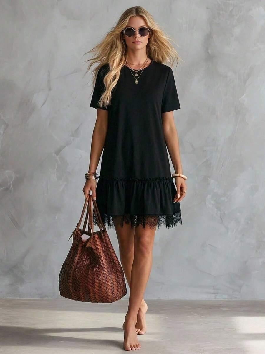 solid black round neck short sleeve ruffle lace dress