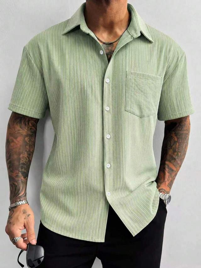 light green striped short sleeve button up shirt