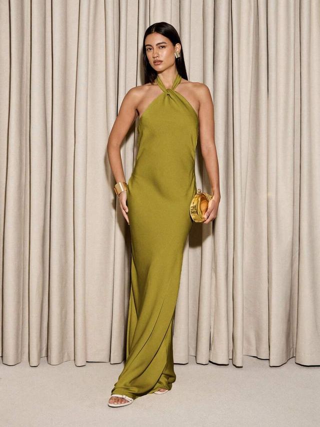 olive green satin halter neck maxi evening gown