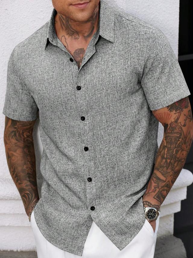 grey linen blend short-sleeved button-down shirt