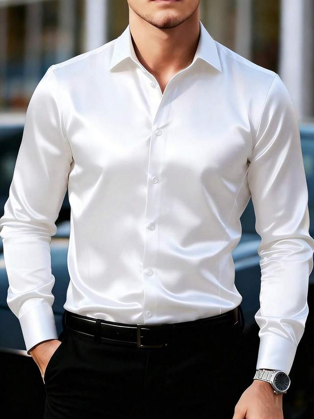 white elegant formal satin long sleeve dress shirt