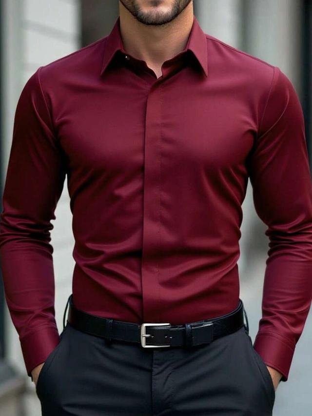 burgundy solid color long sleeve button-up dress shirt