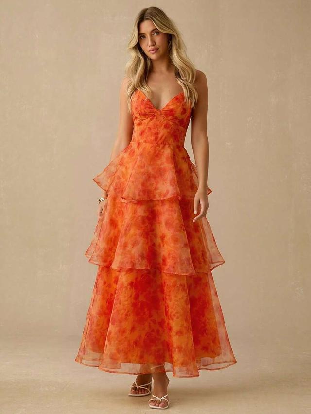 elegant orange floral organza layered backless long dress