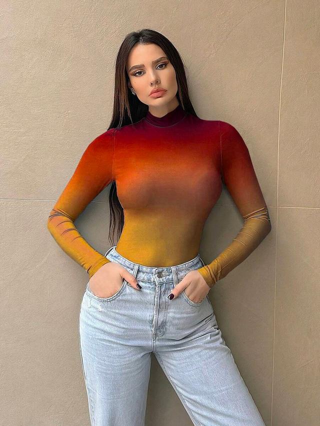 gradient stand collar long sleeve bodysuit