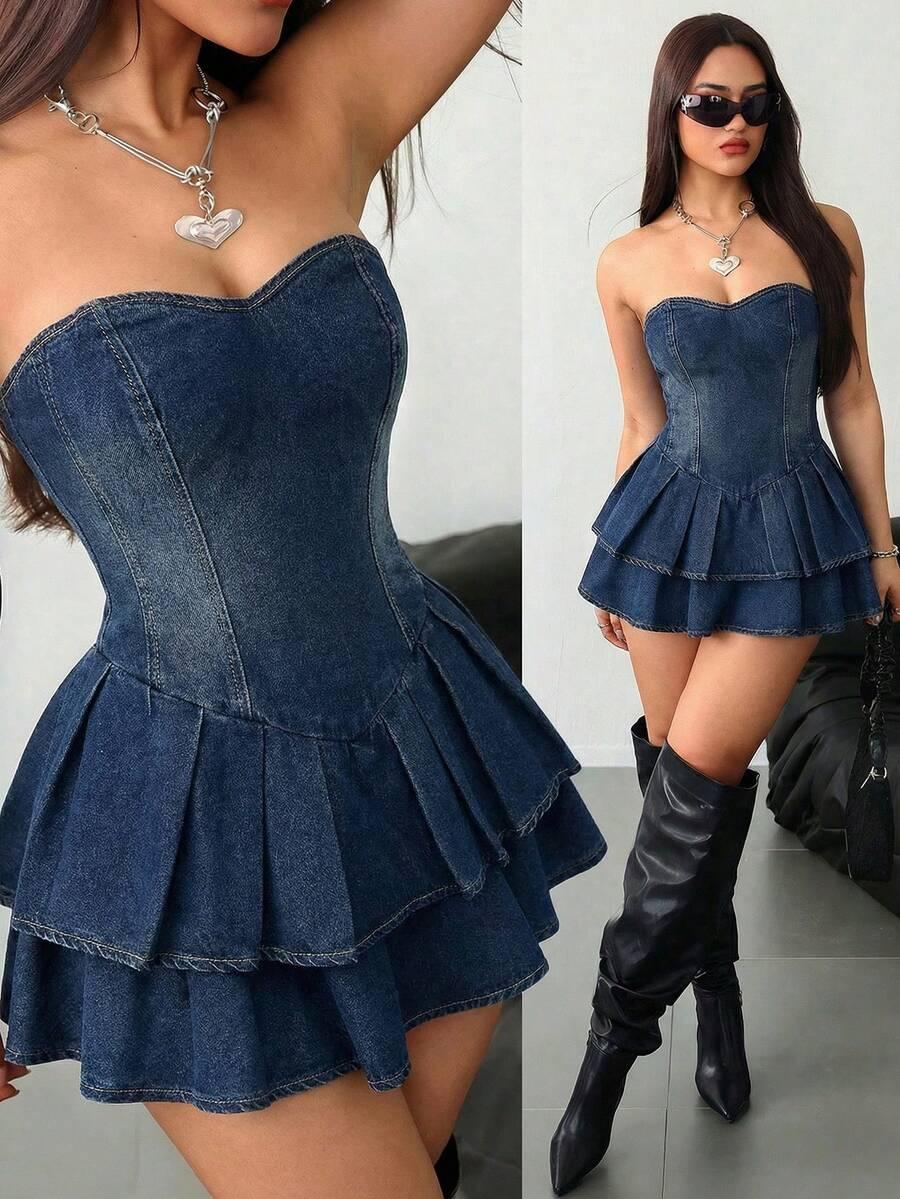 strapless denim corset dress with pleated tiered skirt