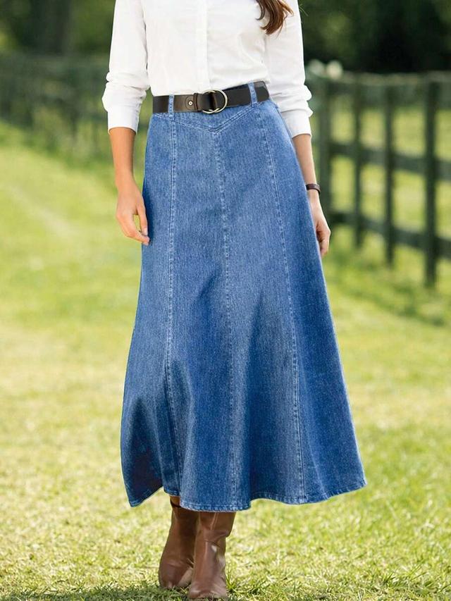 blue denim a-line midi skirt with yoke