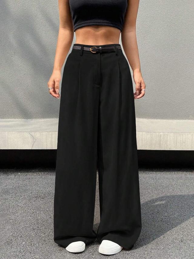 black high-waisted belted wide leg trousers