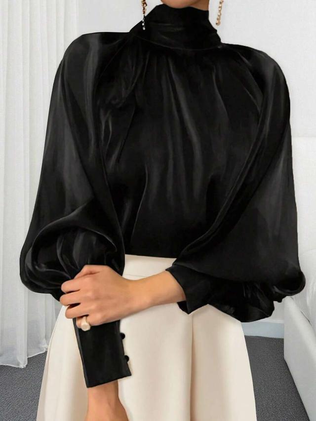 women's spring solid color stand collar lantern sleeve blouse