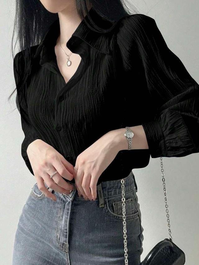 black pleated long sleeve lapel shirt