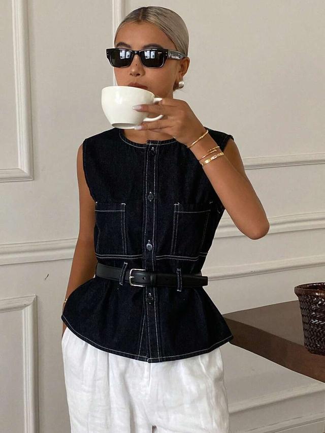 sleeveless dark denim button-up top with contrast stitching