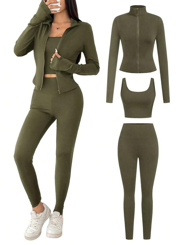 army green zip up jacket vest and leggings set