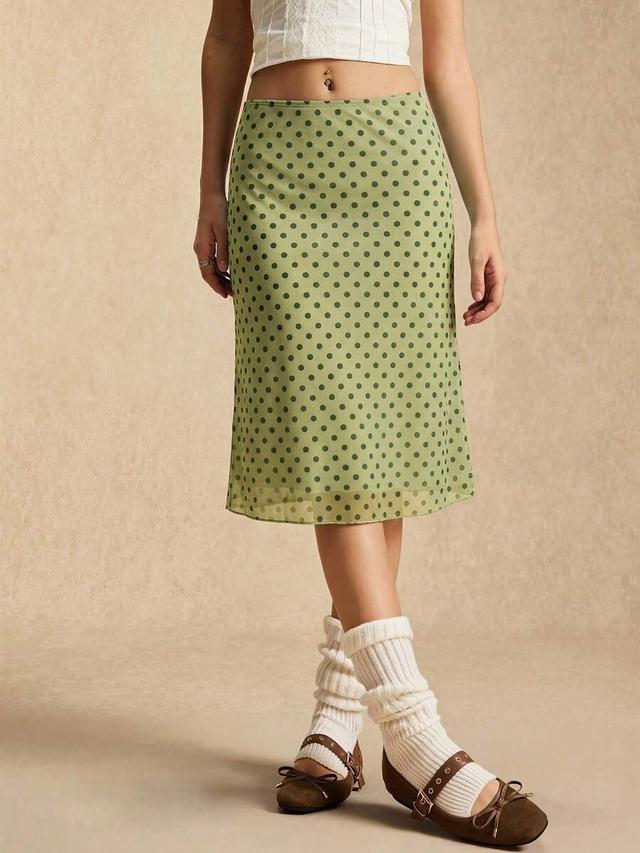 easelle green polka dot mesh midi skirt