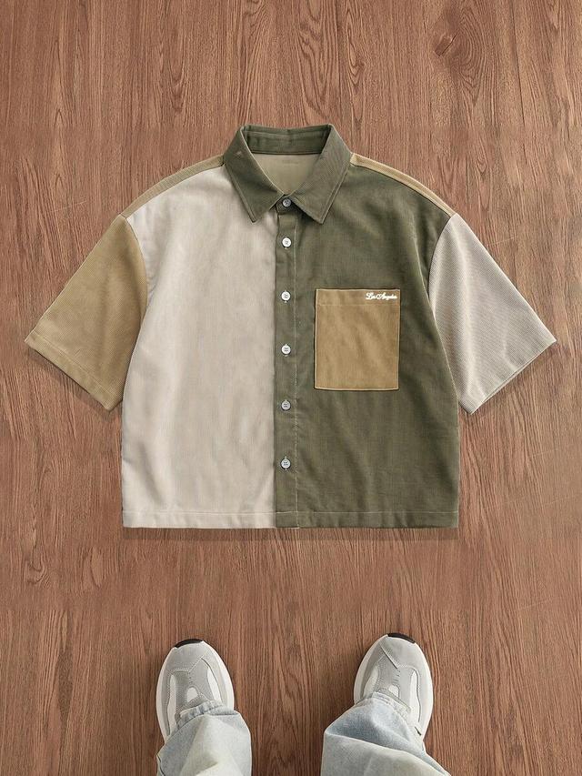 patchwork corduroy short sleeve button down shirt