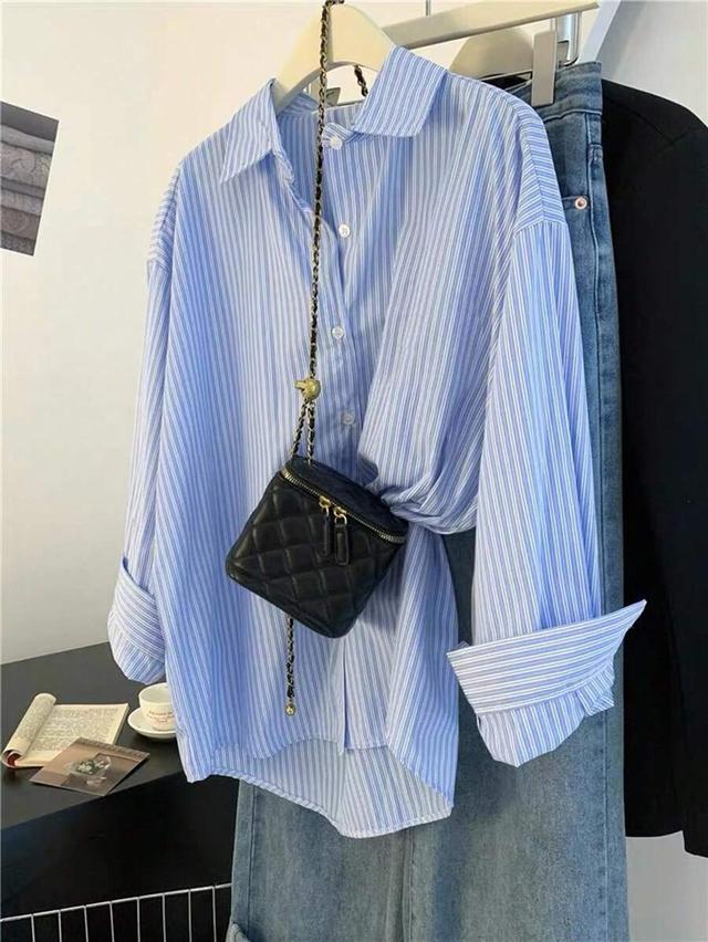 blue and white stripe print button down shirt