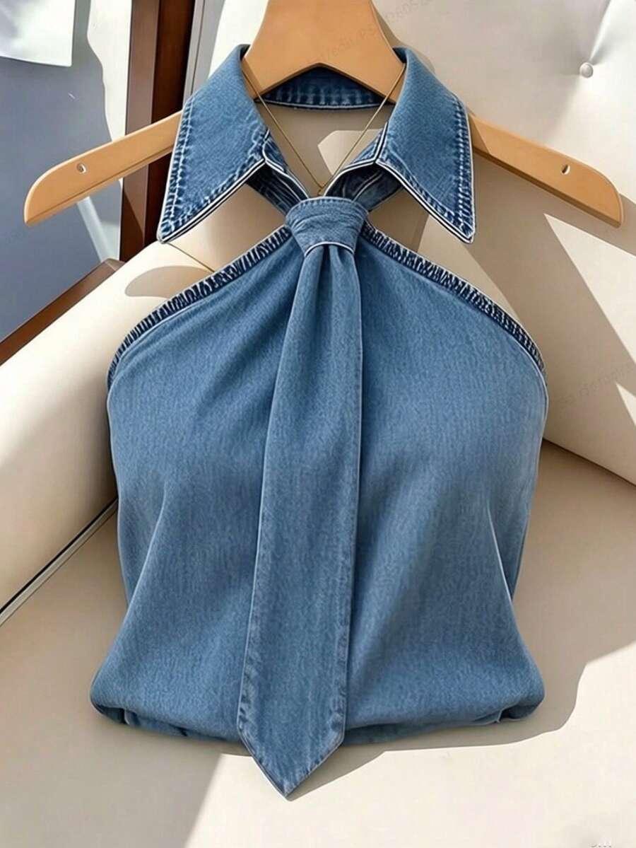 denim halter neck tie front tank top