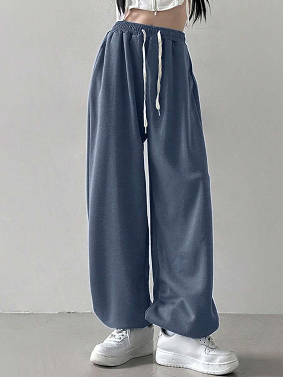 blue drawstring waist loose casual jogger sweatpants