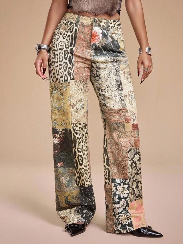 patchwork animal print straight leg jeans