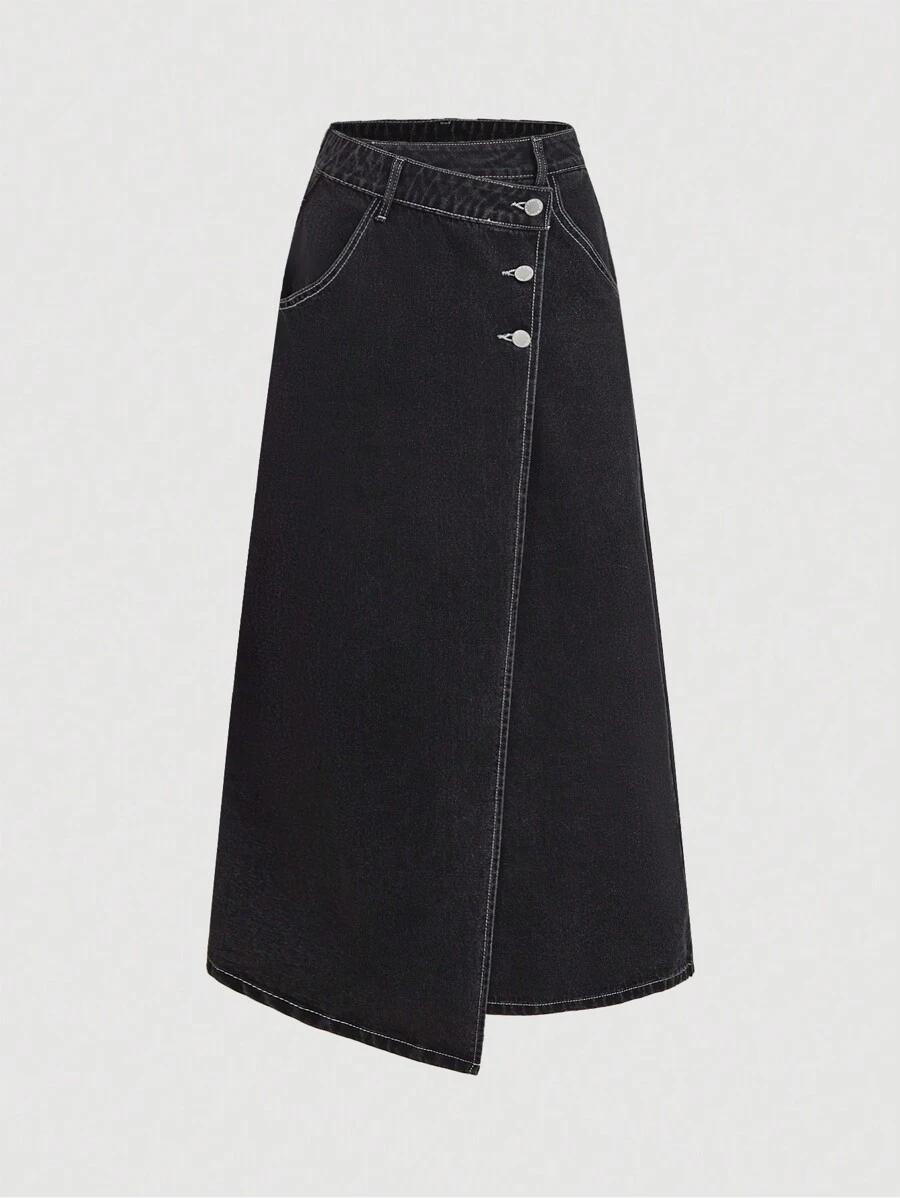 black denim midi straight skirt with asymmetrical button closure