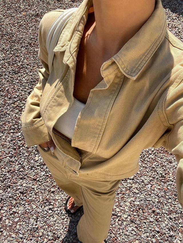 khaki cotton denim collared long sleeve jacket and pants