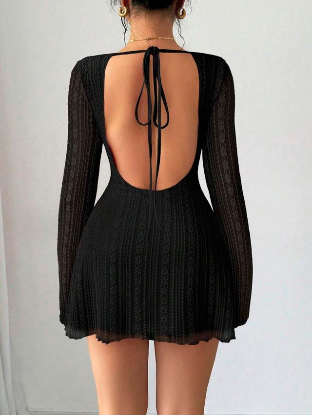 black lace backless long sleeve mini dress