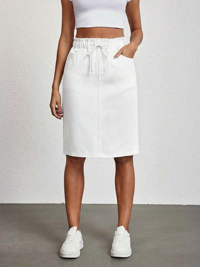 white casual drawstring paper bag waist denim skirt
