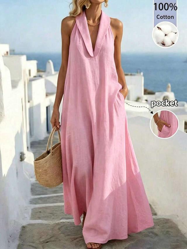 balvessa loose elegant vintage relaxed fit pink linen dress
