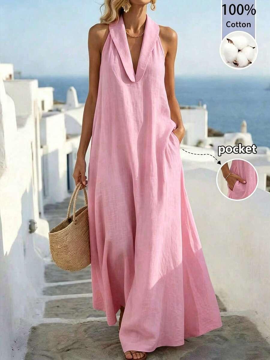 balvessa loose elegant vintage relaxed fit pink linen dress