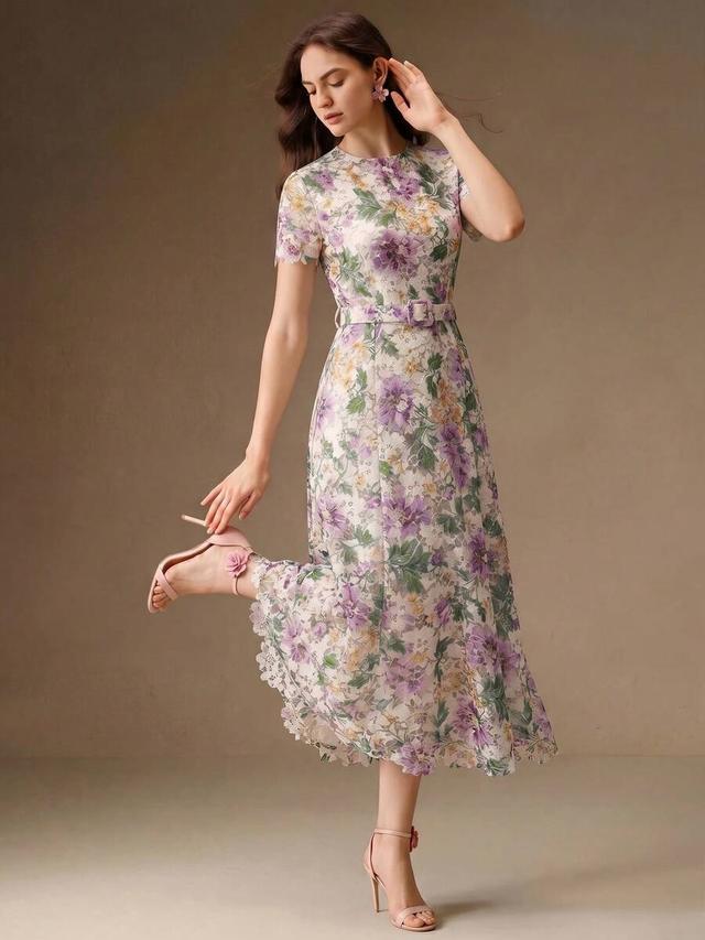 floral water-soluble lace cinched waist a-line midi dress