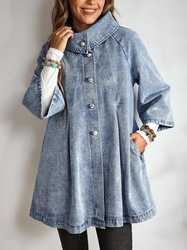acid wash denim swing jacket with silver buttons
