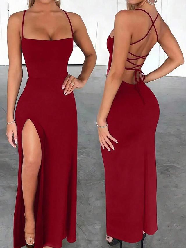 dark red fitted high slit criss-cross strap dress