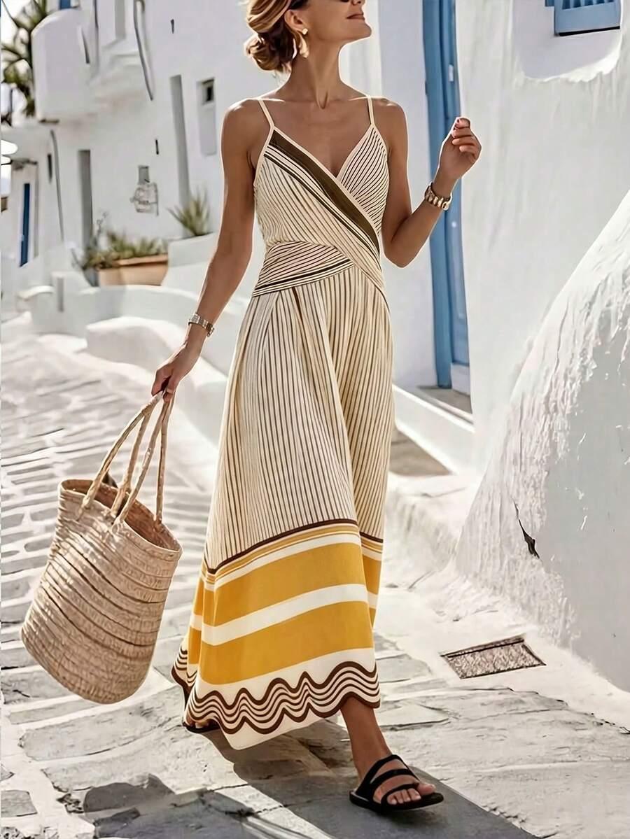 striped criss-cross waist orange vacation maxi dress