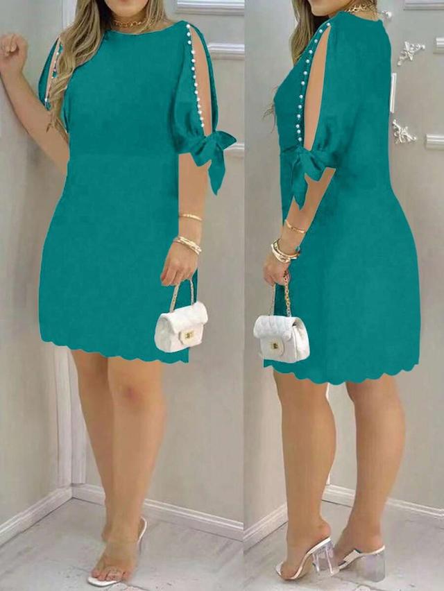 teal round neck split sleeve pearl embellished dress