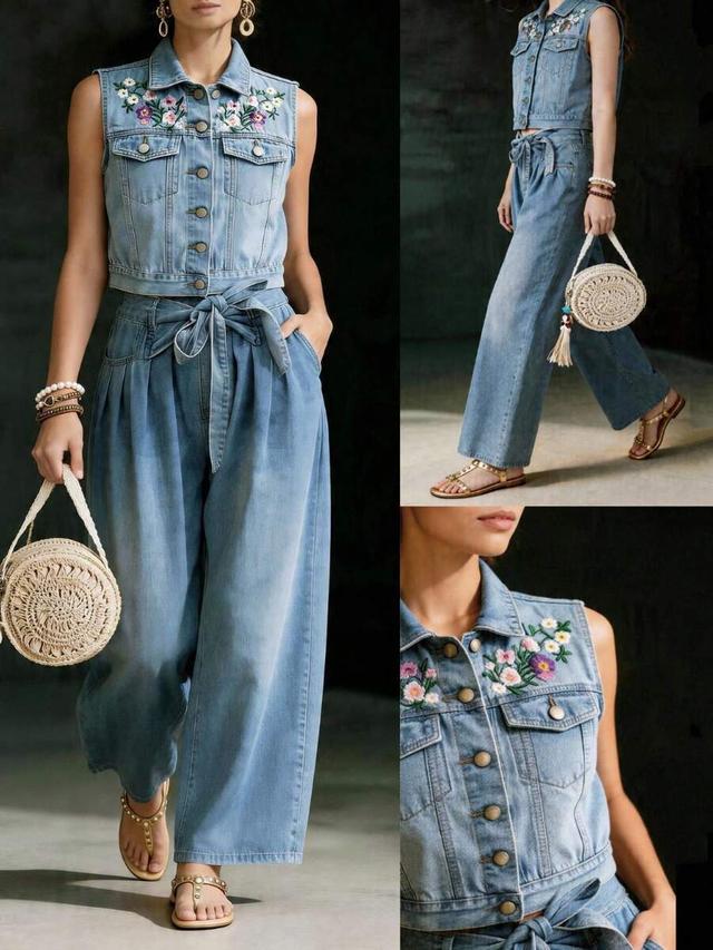 floral embroidered sleeveless denim vest and wide-leg denim trousers