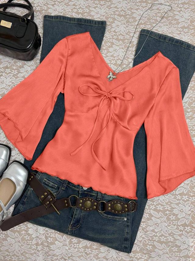 coral v-neck knotted bell sleeve blouse